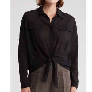 NWOT Adrianna Papell sheer Black Button-Down Tie-Front Shirt
